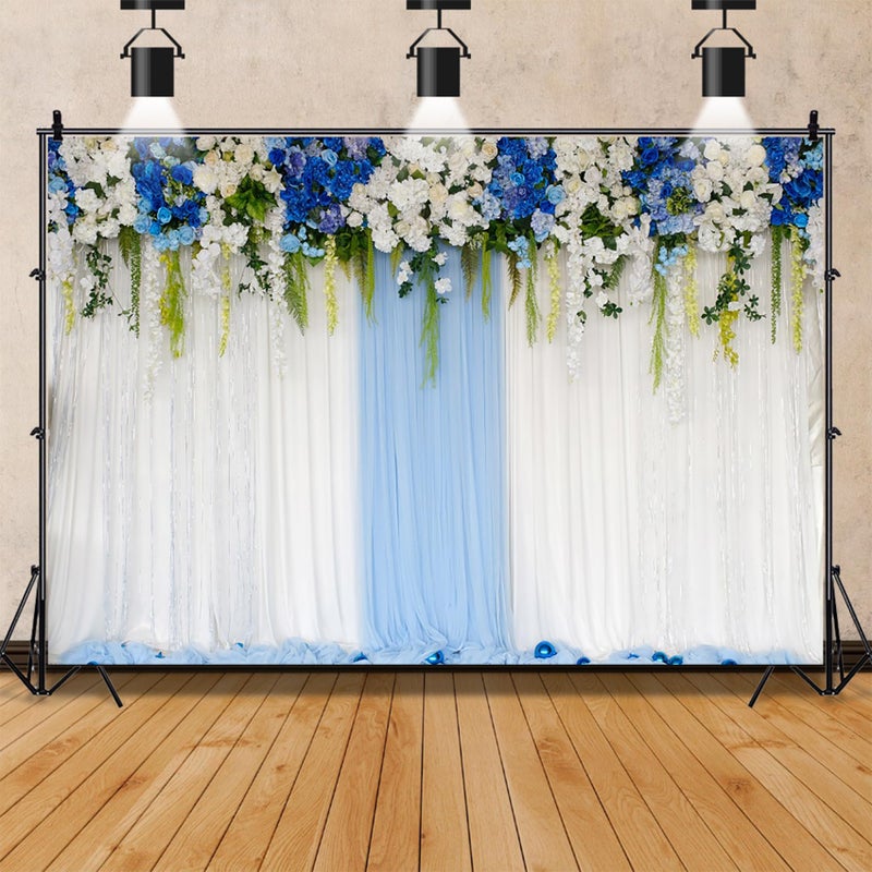 AOFOTO 7x5ft Blue White Flowers Curtain Wedding Backdrop Romantic Floral Wall Drapes Bride Groom Ladies Girls Photoshoot Background for Wedding Reception Ceremoney Birthday Cake Table Decor Banner - Image 4